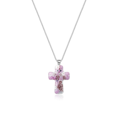 Cross in Bloom Necklace (Lavender Pink) - 1.2mm 925 Sterling Silver - Pendant Necklace