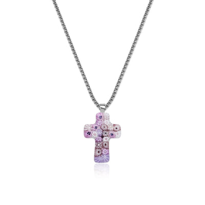 Cross in Bloom Necklace (Lavender Pink) - 1.2mm 925 Sterling Silver - Pendant Necklace