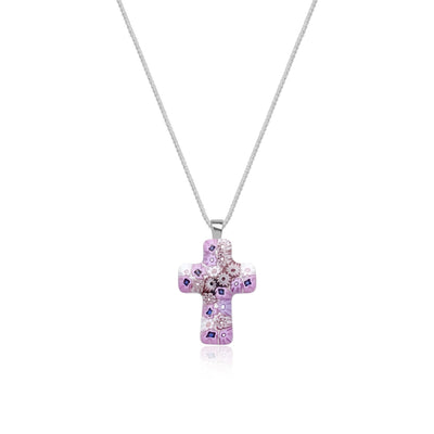 Cross in Bloom Necklace (Lavender Pink) - 1.2mm 925 Sterling Silver - Pendant Necklace