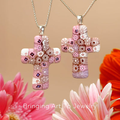 Cross in Bloom Necklace (Lavender Pink) - 1mm 925 Sterling Silver - Pendant Necklace