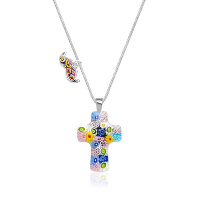 Floral Cross in Bloom Necklace - 1.2mm Sterling Silver - Pendant Necklace