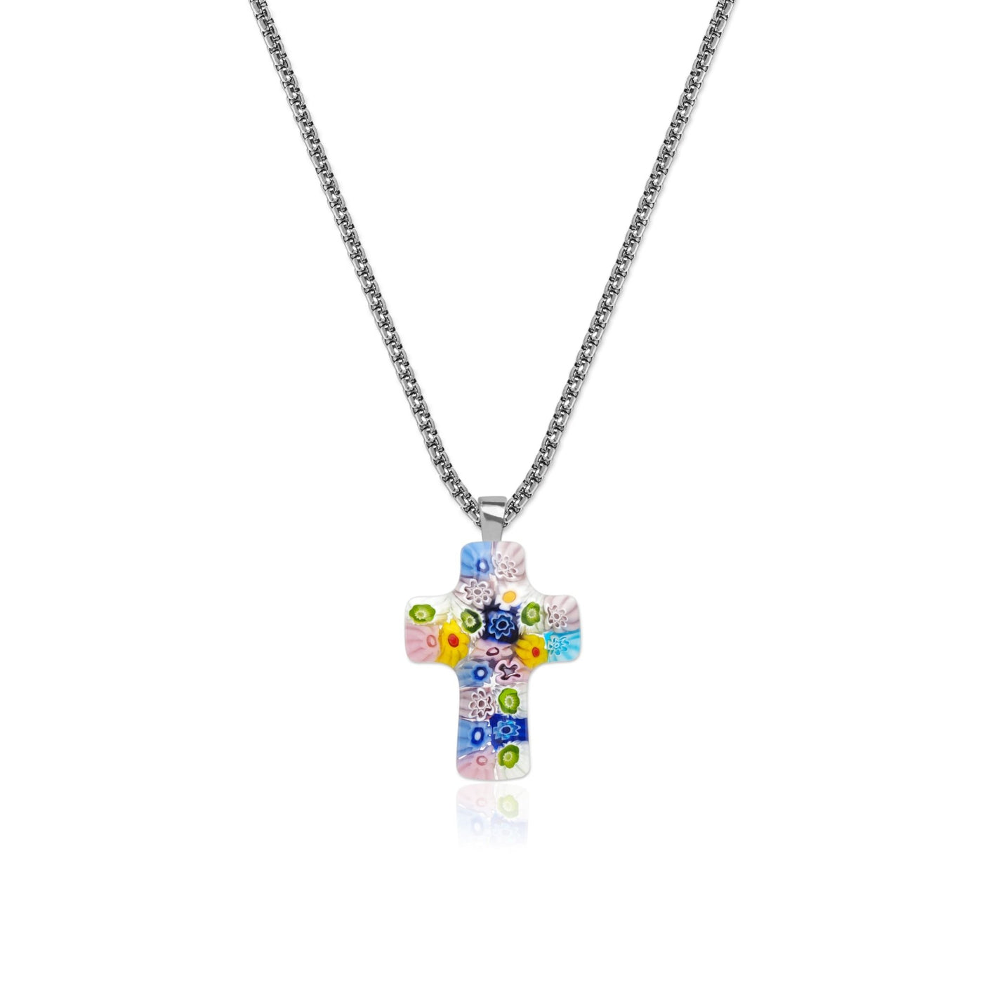 Floral Cross in Bloom Necklace - 1mm 925 Sterling Silver - Pendant Necklace