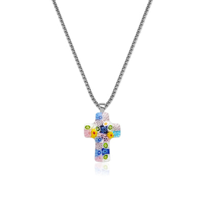 Floral Cross in Bloom Necklace - 1mm 925 Sterling Silver - Pendant Necklace