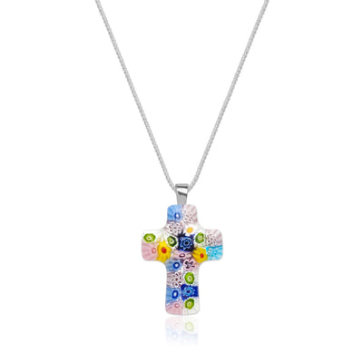 Floral Cross in Bloom Necklace - 1mm 925 Sterling Silver - Pendant Necklace