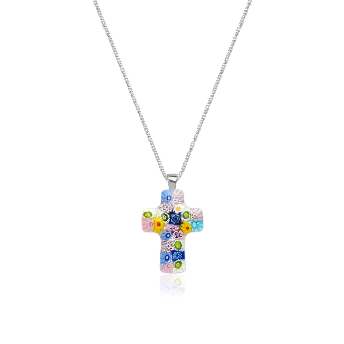 Floral Cross in Bloom Necklace - 1mm 925 Sterling Silver - Pendant Necklace