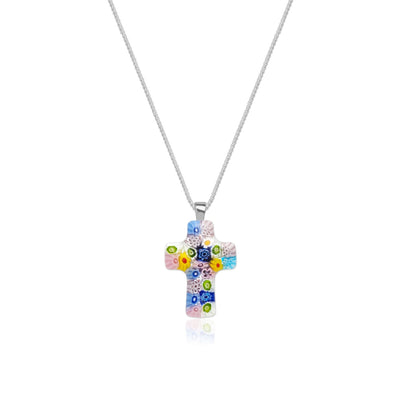 Floral Cross in Bloom Necklace - 1mm 925 Sterling Silver - Pendant Necklace