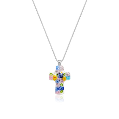 Floral Cross in Bloom Necklace - 1mm 925 Sterling Silver - Pendant Necklace