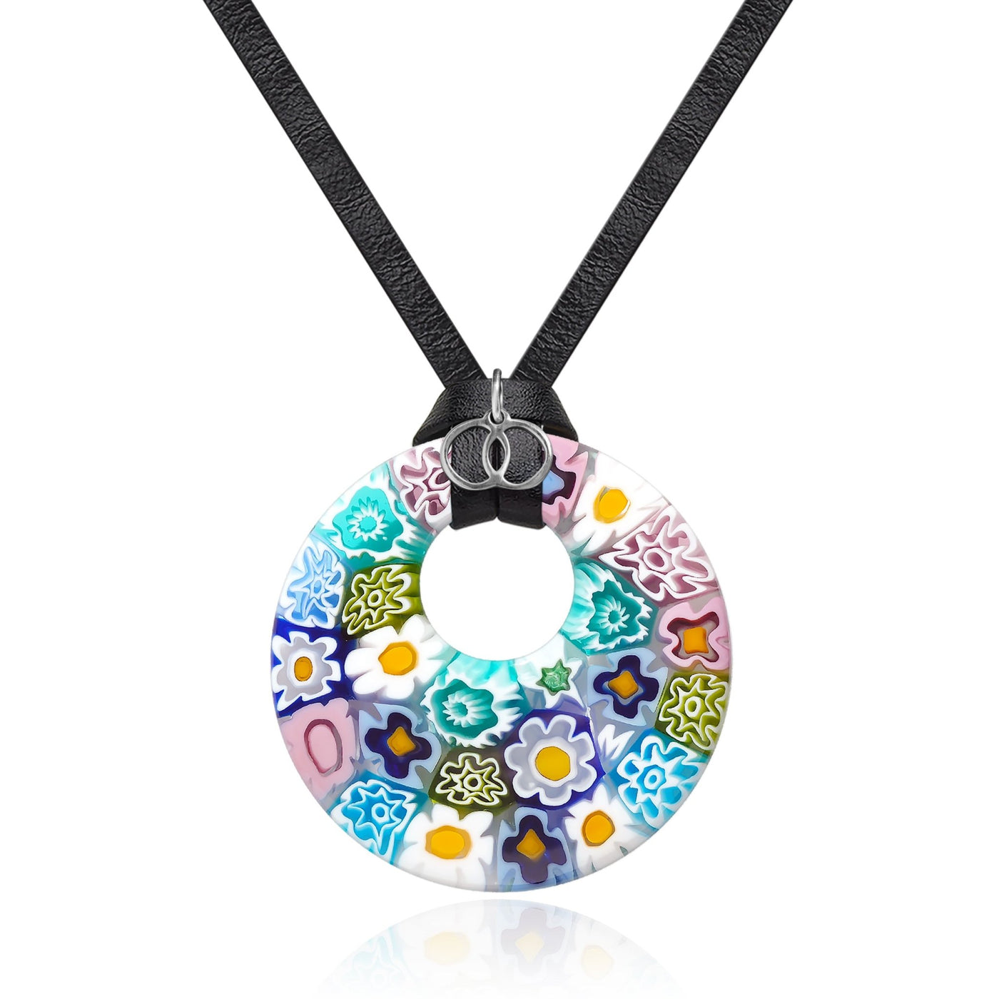 Full of Flowers Donut Pendant - 925 Sterling Silver | Nappa Cord - Pendant Necklace