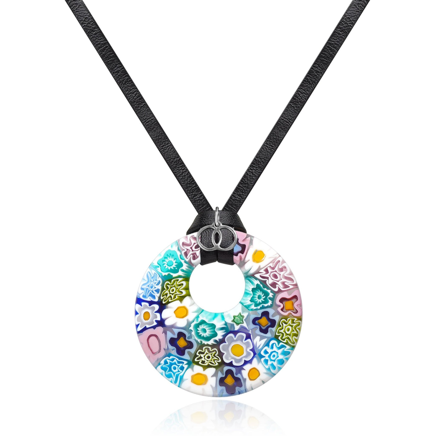 Full of Flowers Donut Pendant - 925 Sterling Silver | Nappa Cord - Pendant Necklace