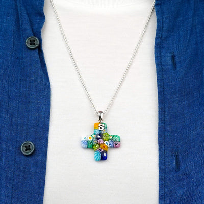 Greek Cross in Bloom Necklace - 1.2mm 925 Sterling Silver [Free Upgrade] - Pendant Necklace