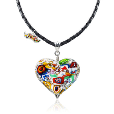 The Kiss Silver Double Heart Large Pendant - Black Leather - Pendant