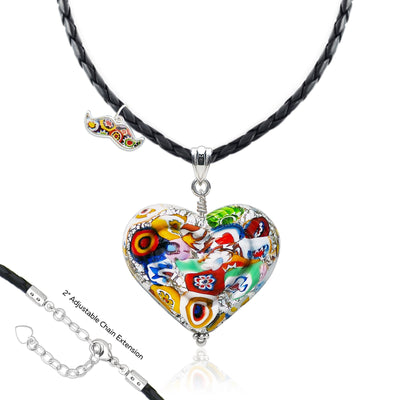 The Kiss Silver Double Heart Large Pendant - Black Leather - Pendant