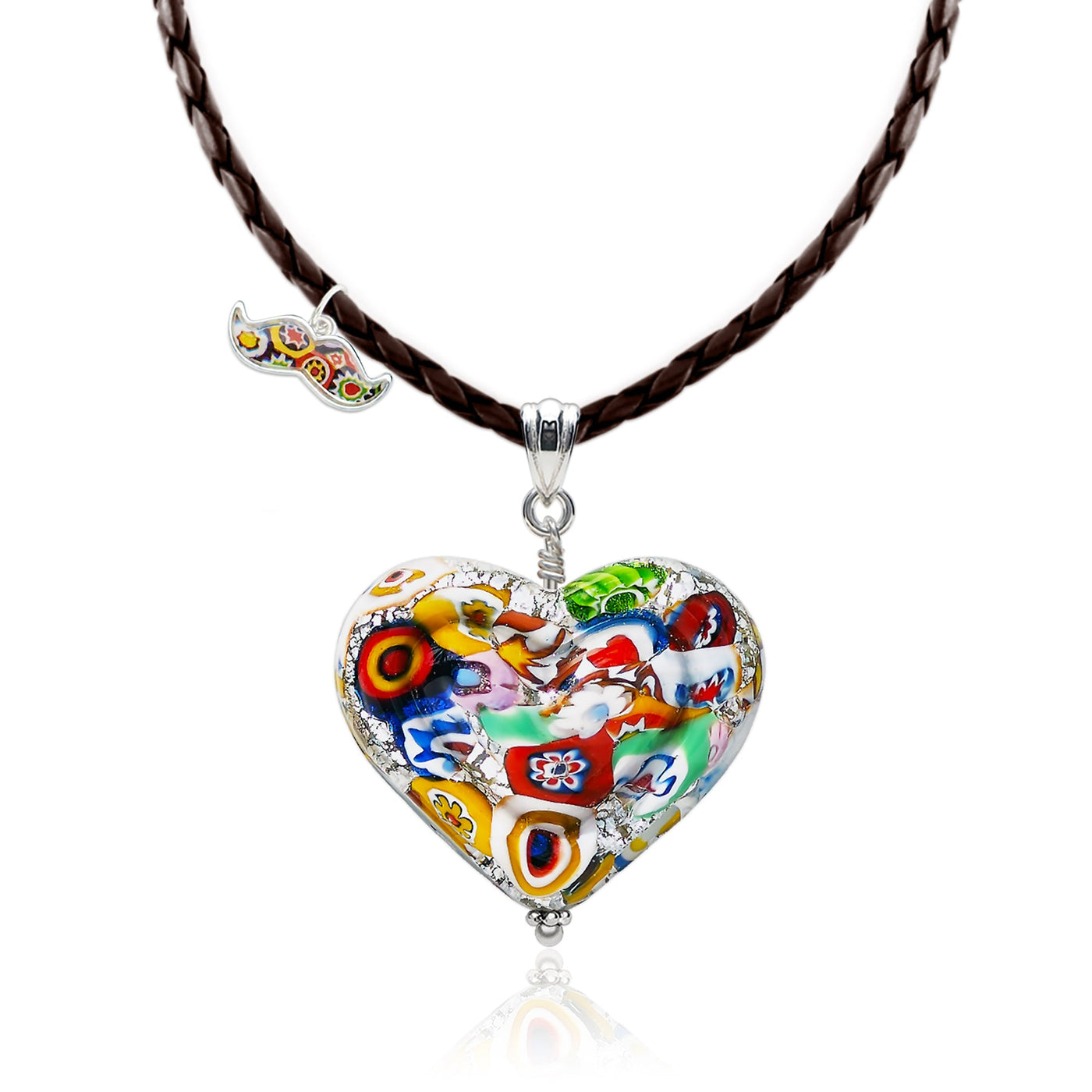 The Kiss Silver Double Heart Large Pendant - Brown Leather - Pendant