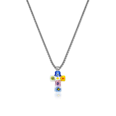 Tiny Cross in Bloom Necklace - 1mm 925 Sterling Silver [Free upgrade] - Pendant Necklace