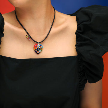 Millefiori Black/Multi Color Heart Shape Necklace Pendant & Silver Chain